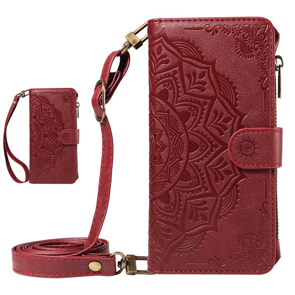 Mandala-geprägtes Leder-Portemonnaie Klapphülle für Samsung Galaxy S26 S25 S24 S23 S22 S21 S20 Ultra Plus FE Edge S10 S9 S8 S7 Galaxy S22 5G rot