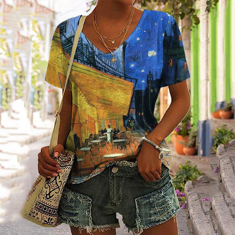 Van Gogh Ölgemälde T-Shirts Sonnenblume 3D Druck Frauen Übergroßen Streetwear V-ausschnitt T-shirt Harajuku Y2k Tops Frau Tees Kleidung 2XL