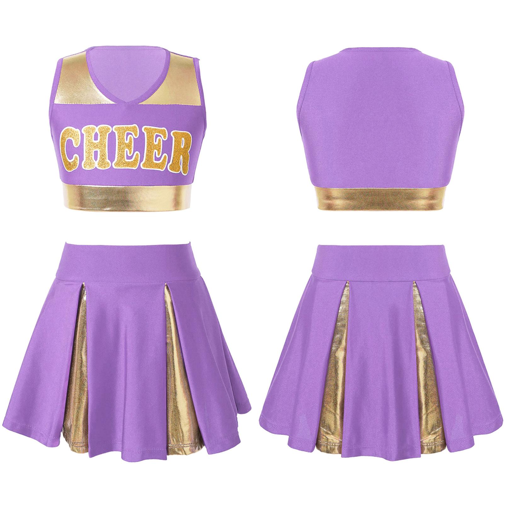 Kinder Mädchen Cheerleading Tanzkleidung Set Ärmelloses Crop Top mit Buchstabenaufdruck und Rock Cheer Uniform 11-12 Years lavendel
