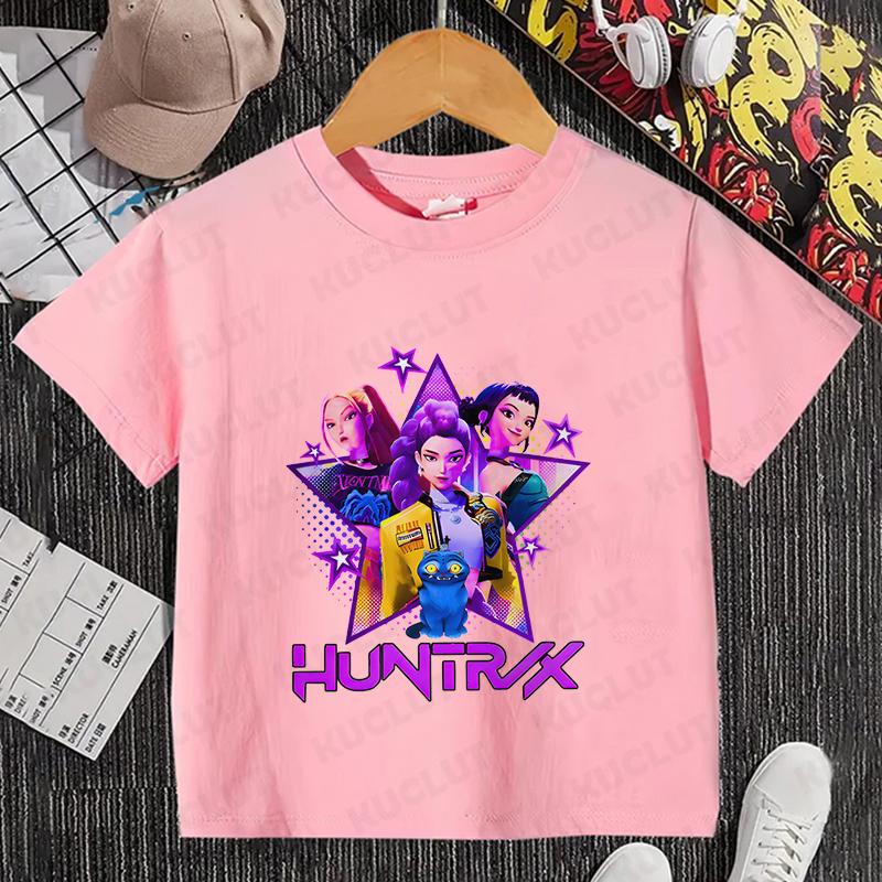 Kpop Dämonenjäger HuntrX Kinder T-Shirt Mädchen Jungen Cartoon T-Shirt Sommer Freizeit Kurzarm T-Shirt Bequeme Kinderkleidung 120