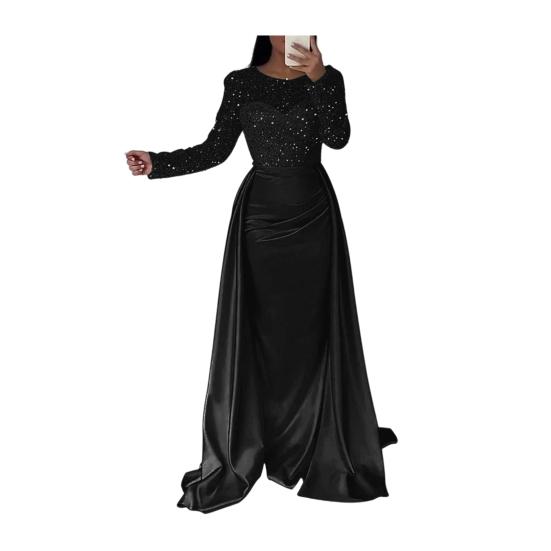Pailletten Durchsichtiges Mesh Langarm Maxi Kleid für Damen Fließendes Glitzer A-Linien Langes Kleid Formelles Cocktail Abendkleid M schwarz