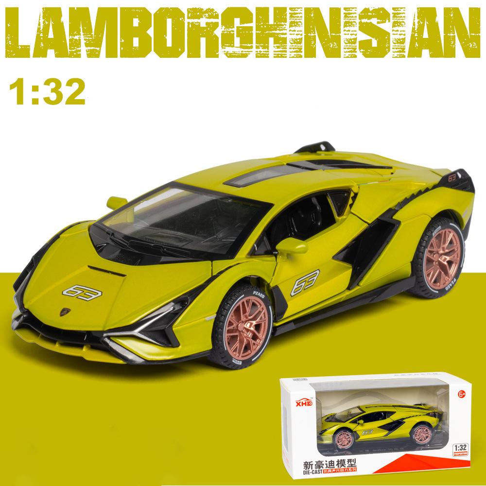 1:Lambo Sian Modellauto im Maßstab 32, zurückziehbares Spielzeugauto aus Zinklegierung mit Ton und Licht für Kinder, Jungen und Mädchen, Fahrzeugsammlung, Nachbildung von Automodellen im Maßstab 1/32-15.5x7.5x4cm grün