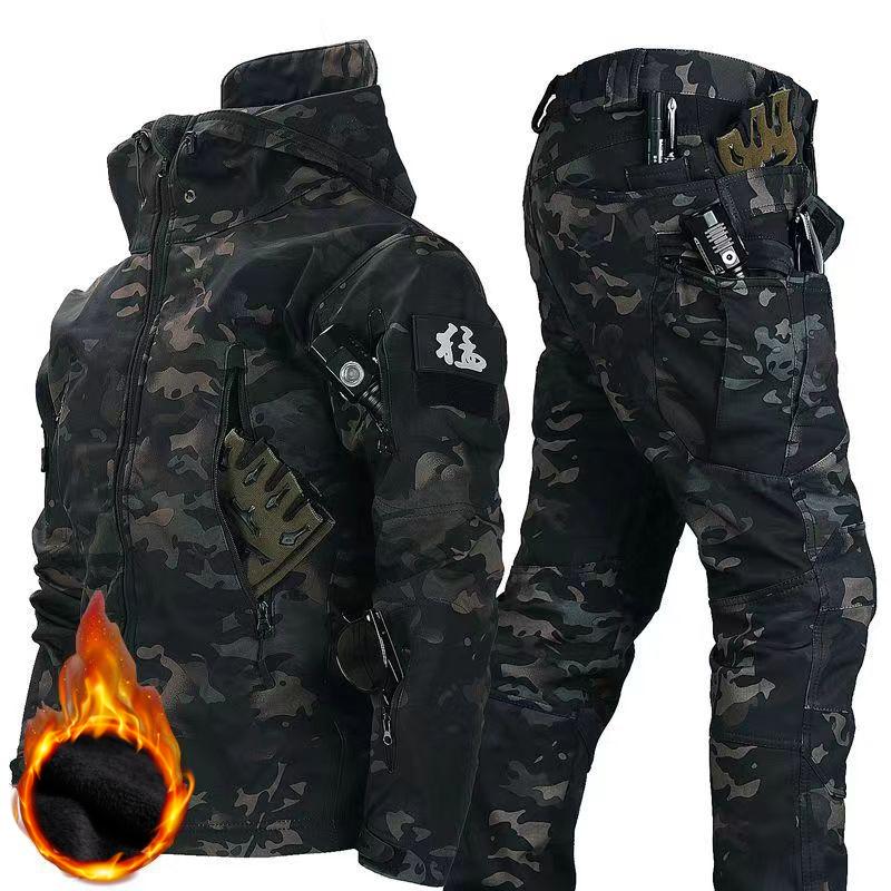 Herren Winter Herbst Fleecejacken Taktische wasserdichte Anzüge Outdoor Angeln Wandern Camping Trainingsanzüge Mäntel Thermohosen XXL grüne tarnfarbe