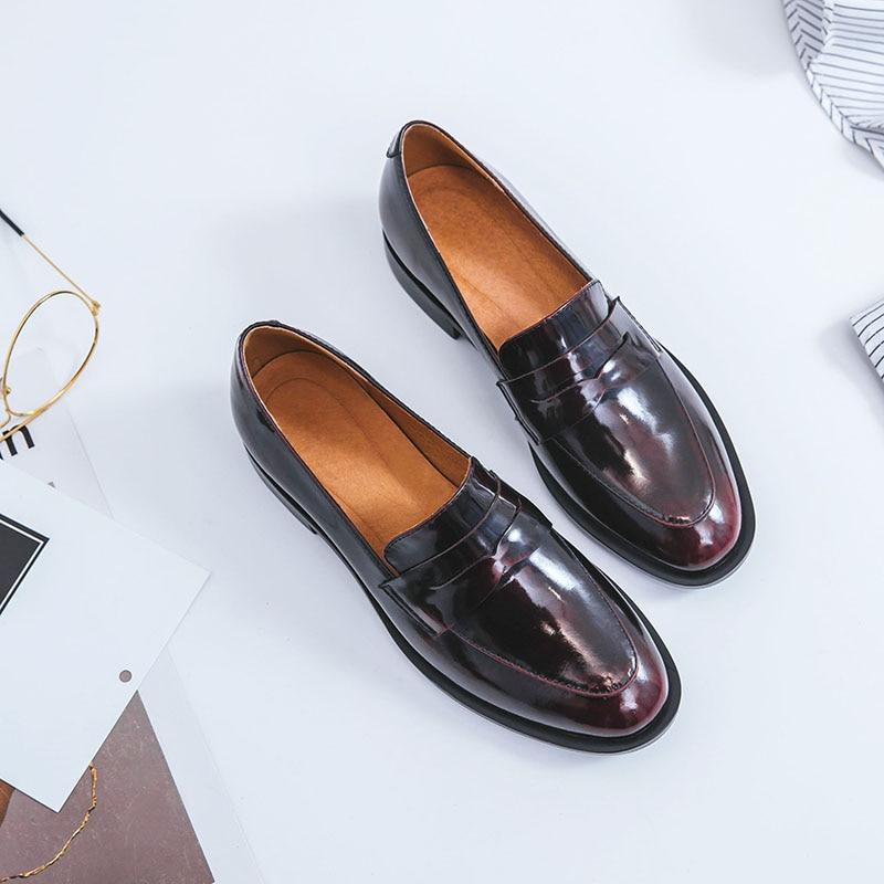 Damen-Lederschuhe, britischer Stil, Übergröße, Damen-Pumps, Loafer, Lazy-Schuhe, Damen-Plattform-Schuhe mit niedrigem Absatz 34 wein rot