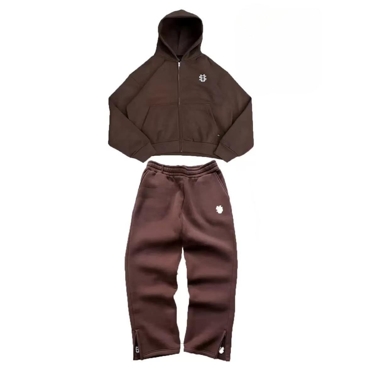 DRIPX Bestickter Lässiger Reißverschluss Hoodie Jogginghose Zweiteiliges Set Y2K Kleidung Herren Hip-Hop Übergroße Jogginghose Lässige Hose XL braun
