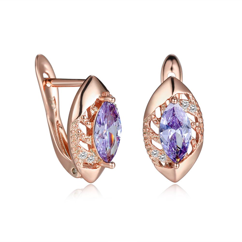 Roségoldfarbene Marquise-Schliff-Ohrringe, Lila, Rosa, Blau, Aqua-Kristall, Hakenohrringe, Geburtsstein-CZ-Tropfen-Ohrringe, hohle Blatt-Ohrringe violett