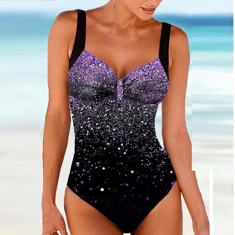 Damen-Badeanzug mit Schultergurten, blau, glänzender Print, Bikini, Tankini-Badeanzug XL violett