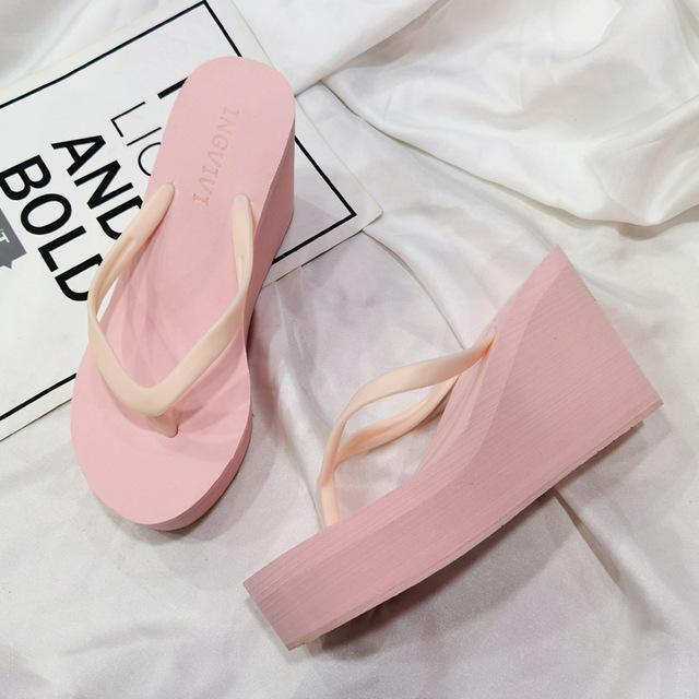 Sommer frauen Schuhe Strand Flip-flops Plattform Sandalen hochhackigen Sandalen Einfarbig Skateboard Hausschuhe Frauen Heels 38 rosa