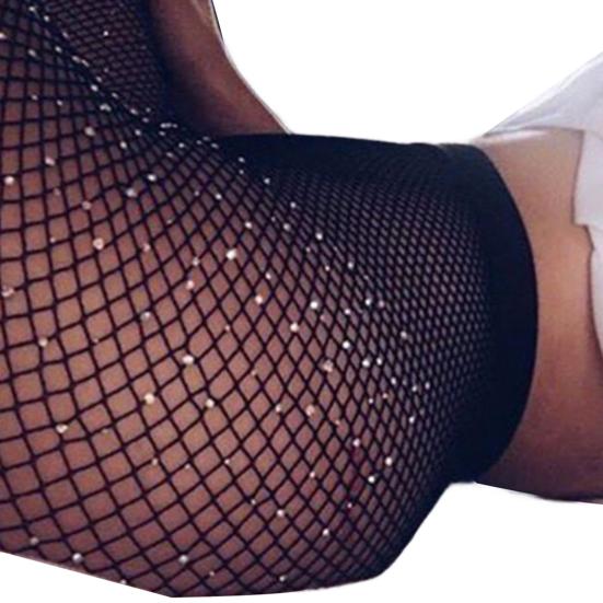Frauen Sexy Strass Dekor Fischnetz elastische Strümpfe Fischnetz Strumpfhosen Strumpfhosen weiß/schwarz