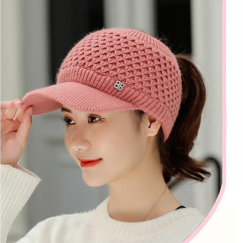 Weibliche Herbst Fleece Hohe Pferdeschwanz Hut Baseball Caps Frauen Winter Dicke Warme Twist Stricken Hüte Visier Gorros Mützen Frauen Hüte rosa