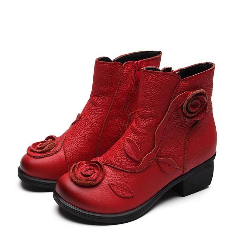 Herbst Winter Blume Frauen Stiefel Seitlicher Reißverschluss Dicker Absatz Stiefel Schuhe Frau, Knöchel Martin Stiefel 41 rot