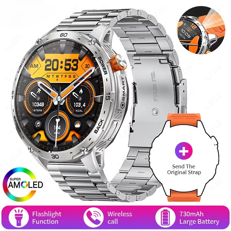 2025 Neue Militär-Smartwatch Herren 730mAh Großer Akku Taschenlampe AMOLED HD-Display 3ATM Wasserdicht Outdoor-Sport Smartwatch Steel silber