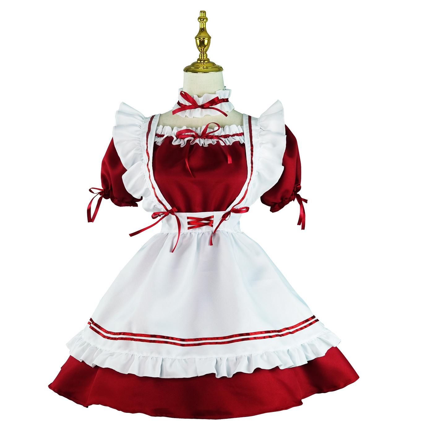 Neues Damenmode-Dienstmädchen-Outfit-Kleid, Cosplay-Kostüm, Schleife, niedlicher Puppenkragen, Lolita-Kleider, kurze Ärmel, Vestidos, Lolita-Robe, Ballkleid-Kostüm S wein rot