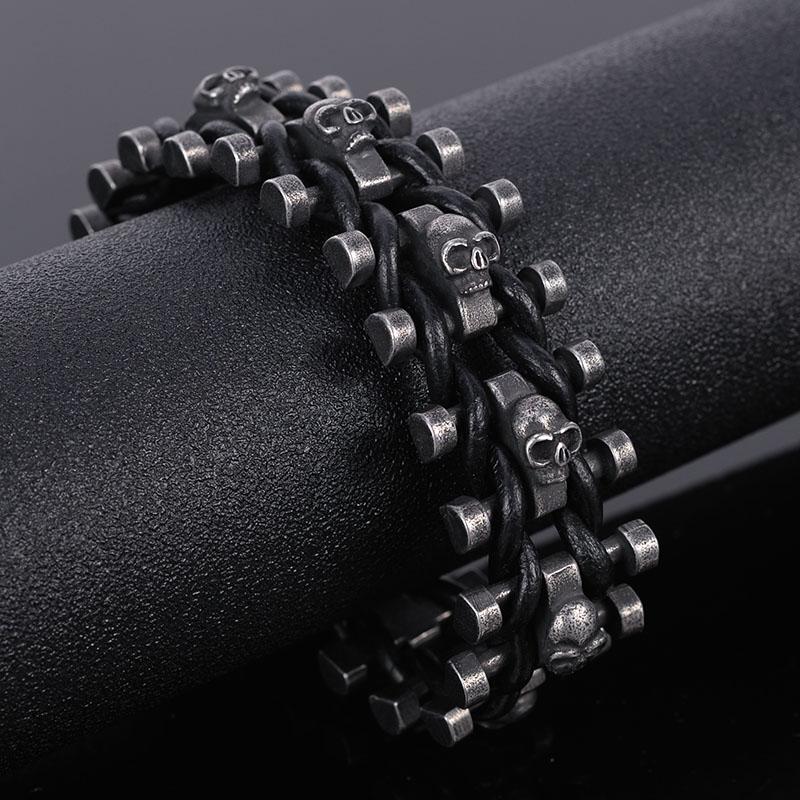 25MM breites Totenkopf-Kopf-Armband für Herren, handgefertigt, Leder, Edelstahl, Herren-Gothic-Armbänder mit Gürtelschnalle, Herren-Armband 22.7CM