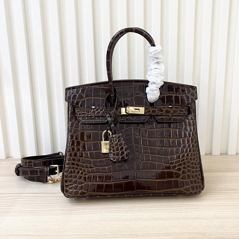 Oberste Schicht Rindsleder Krokodilmuster Tasche 2025 neue Leder Damen Tasche Business Pendler Handtasche Schulter Crossbody Tasche 25cm ebenholz
