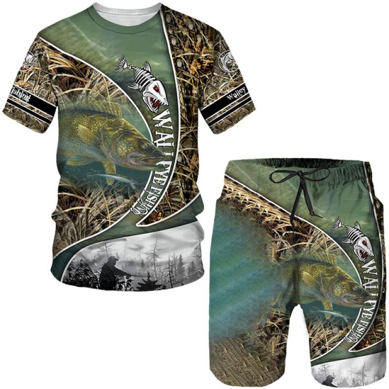 Sommer Outdoor Angeln Kleidung männer T Shirt + Shorts 2 Stück Sets Lustige Jagd Harajuku Oansatz Tees Sport Kurzarm tops 2XL