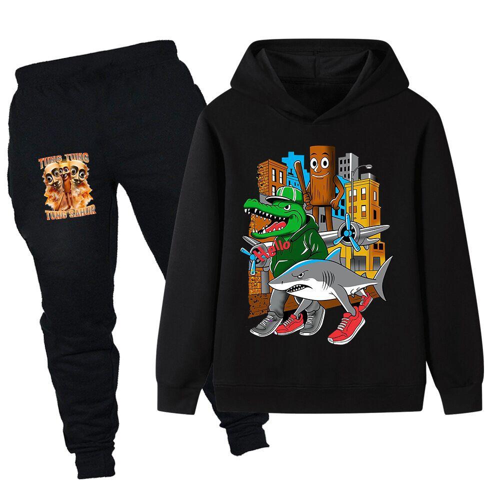 Roblox Holzmännchen Cartoon Mode Kinder Bedruckt Locker Warm Bequem Herbst Winter Hoodie Hosen Set 150cm schwarz