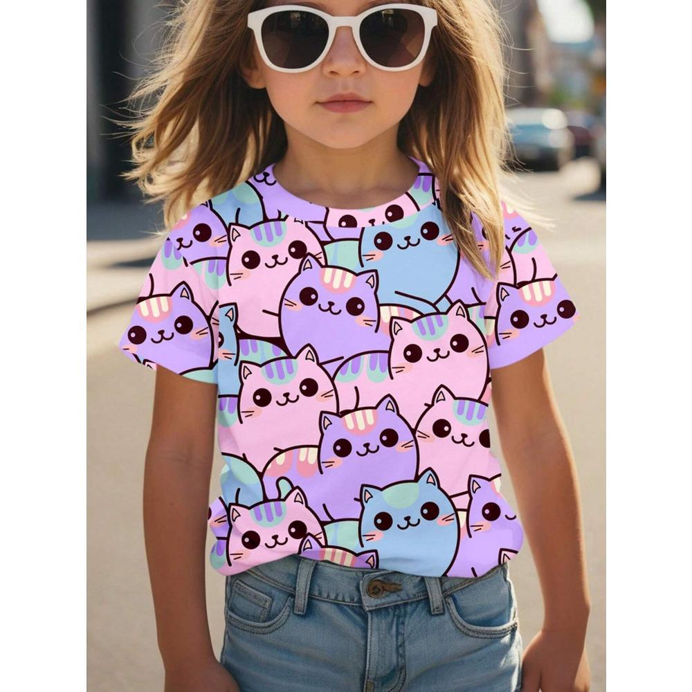Mädchen Kleidung Sommer 3D Druck T-Shirt Kawaii Katze Grafik Kinder Mädchen Kleidung Outdoor Kurzarm Causal Kinder Oberteil für Mädchen 160