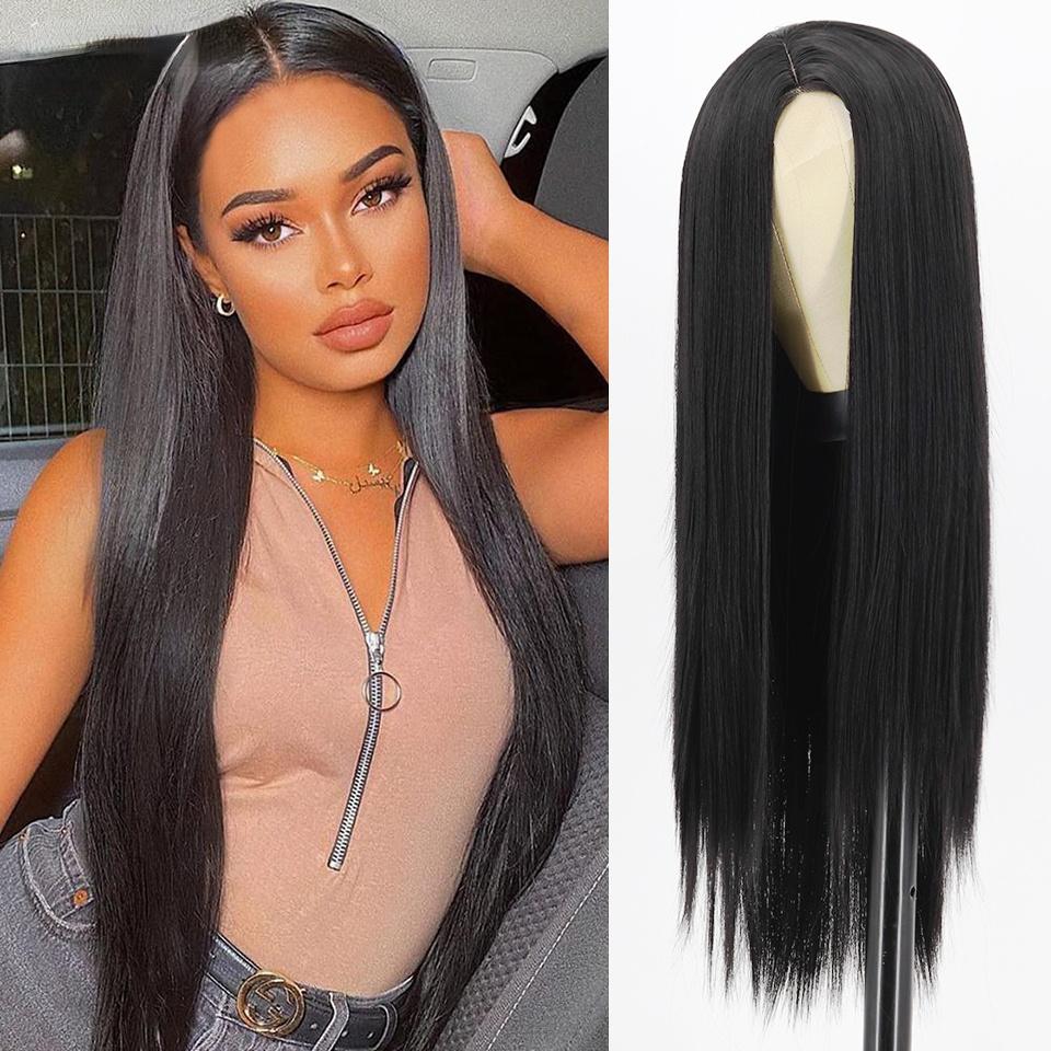 MISS WIG Synthetische Perücke, langes glattes Haar, schwarze Perücke, natürliche gerade Perücke für Damen ohne Pony, synthetische lange schwarze Perücken 30inches