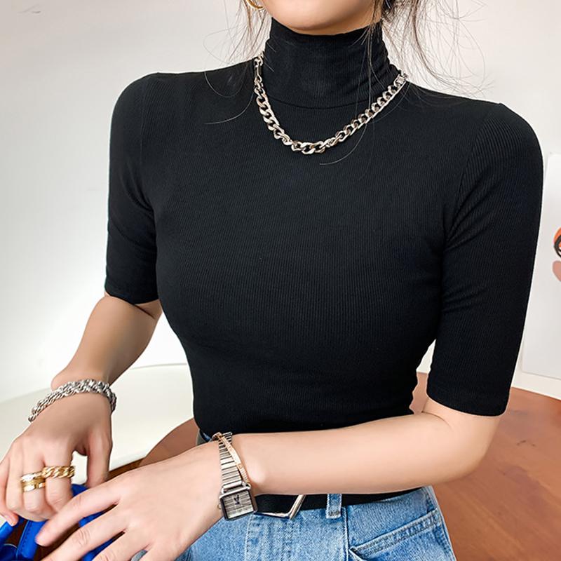 Baumwoll-T-Shirts für Damen, Rollkragen, kurzärmelig, lässig, elastisch, schmale T-Shirts S schwarz