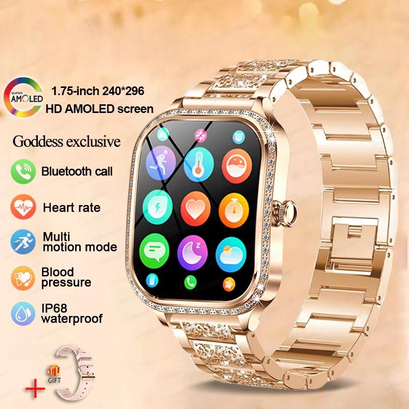 2025 Neue Mode Smart 1,75  HD Display Uhr Damen AMOLED Gebogener Bildschirm IP68 Wasserdicht Gesundheit Anruf Smartwatch Apple Watch Damen für Damen Geschenk steel Belt gold