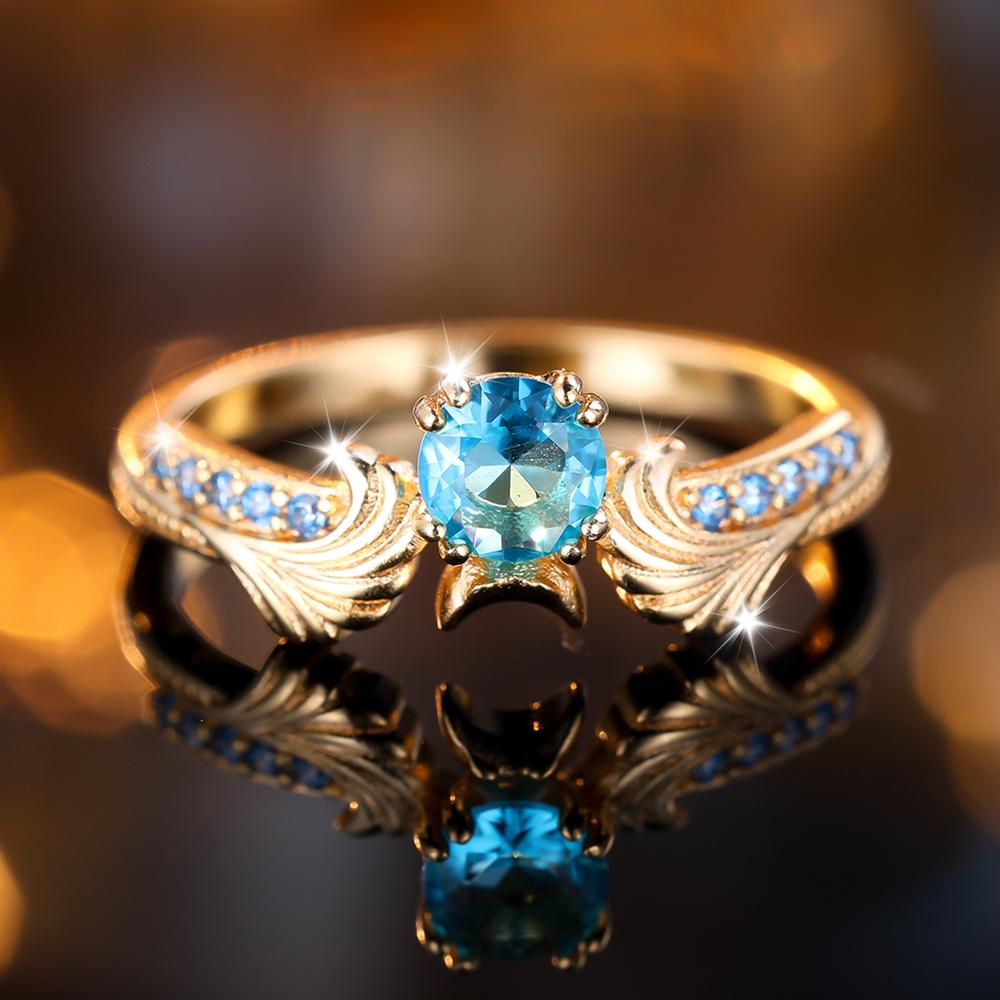 Stilvoller Verlobungsring mit funkelndem Flutdesign und eingelegtem glänzendem ozeanblauem Zirkon, Verlobungsring, Hochzeitsschmuck 8 aqua blau/gold