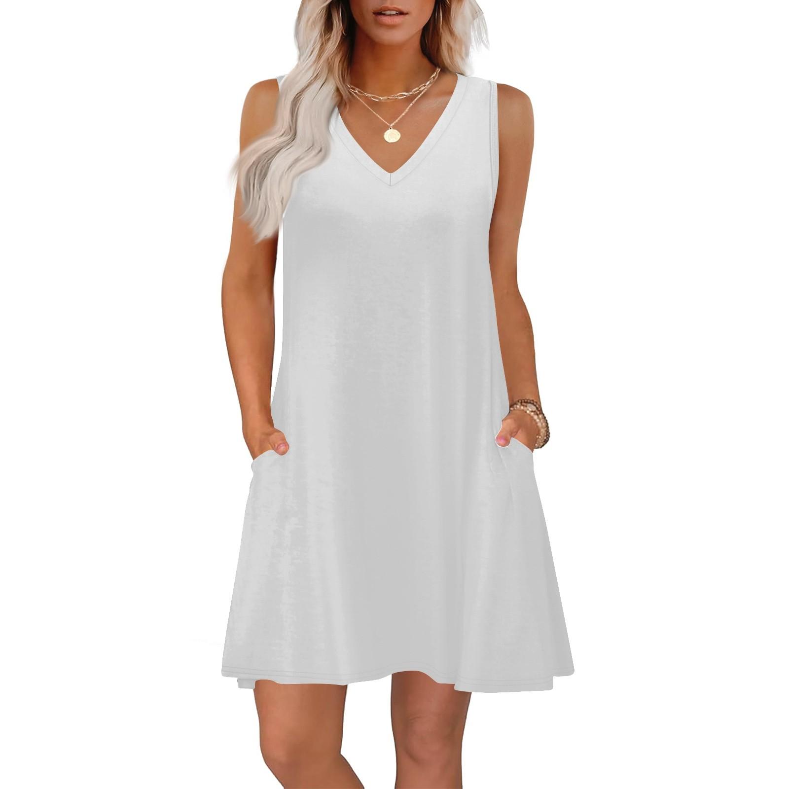 Sommerkleider für Damen, lockere Passform, einfarbig, V-Ausschnitt, ärmellos, Sommerkleider, Strand, Hawaiikleid mit Taschen XXL weiß