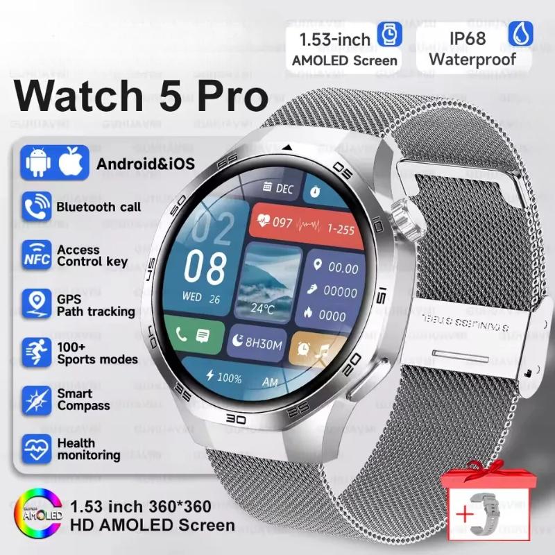 2025 Neue Watch GT5 Max Smartwatch HD AMOLED Bildschirm NFC GPS Tracker Bluetooth Anruf Gesundheit Wasserdicht Smartwatch Männer Frauen Für Huawei Silver Mesh Belt