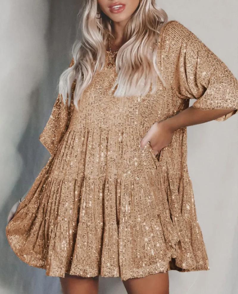 2025 Einfarbig Pailletten Rundhals Locker in der Taille Kurzarm Abendkleid Small gold