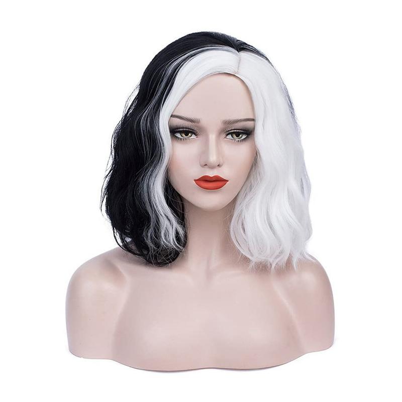 BERON Damen Kurze Lockige Haare Schwarz-Weiß Yin-Yang Perücke Wellige Perücke Halloween Cosplay Perücke Stirnband black
