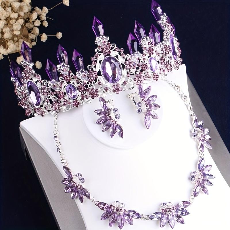 Hochwertige atmosphärische Brautaccessoires, lila Kronen-Halskette, Ohrring-Set, Brautkleid-Set, Hochzeitszubehör, Bühnenperfo gray