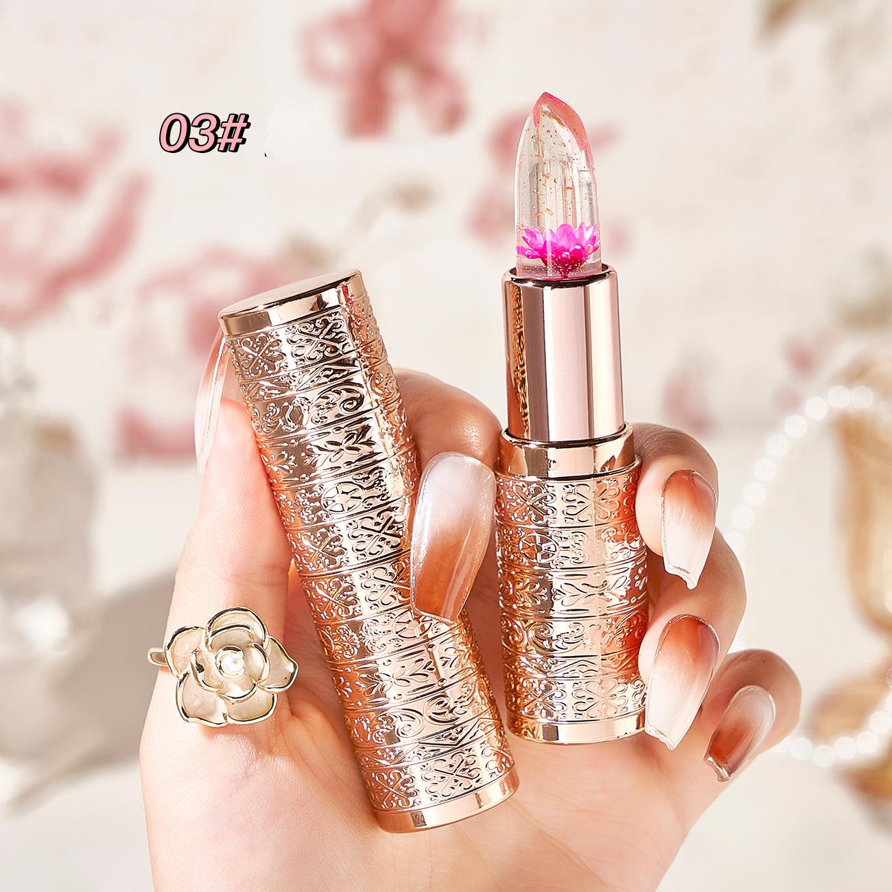 3 Farben Langlebiger Lippenbalsam mit Temperaturwechsel und Kristallgelee-Blumen-Lippenstift-Glanz Transparent Befeuchtet die Lippen Make-up Kosmetik 03#