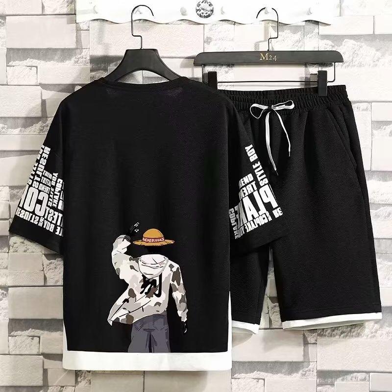 Sommer Casual Herrenanzug Japan High Street Harajuku Top Shorts Zweiteiler Set Anime Print T-Shirt Kurze Hosen Herrenbekleidung Sportanzug M gray