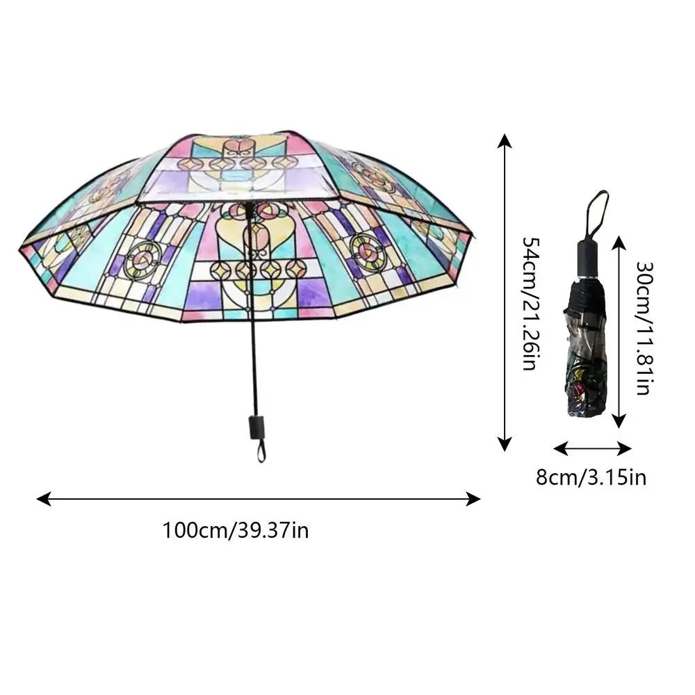 Premium Vintage Buntglas Automatischer Faltregenschirm Romantisch Sonnig Handbemalt Klarer Regenschirm Stilvoll Tragbarer Reise-Regenschirm Iron&8K