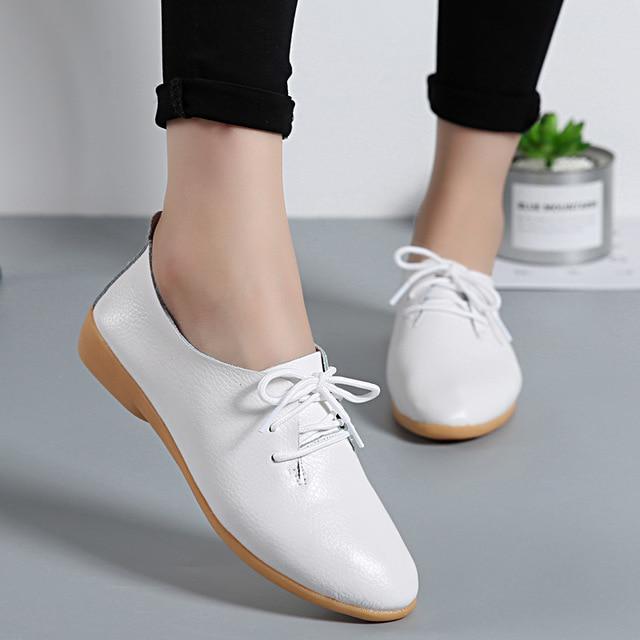 Echtes Leder Sommer Faulenzer Frauen Casual Schuhe Mokassins Weiche Spitz Damen Schuhe Frauen Wohnungen Schuhe Weibliche 36 weiß