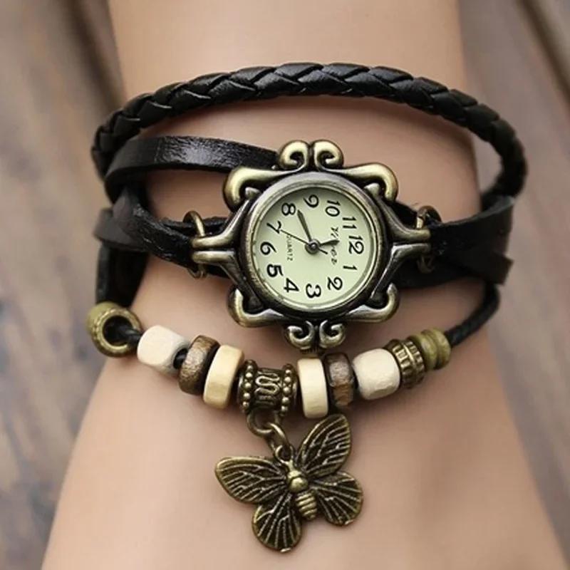 Damen-Armbanduhr aus echtem Leder im Vintage-Stil, mehrschichtig, handgefertigt, Armband, Armbanduhr, verstellbare Länge, Paar-Armband schwarz