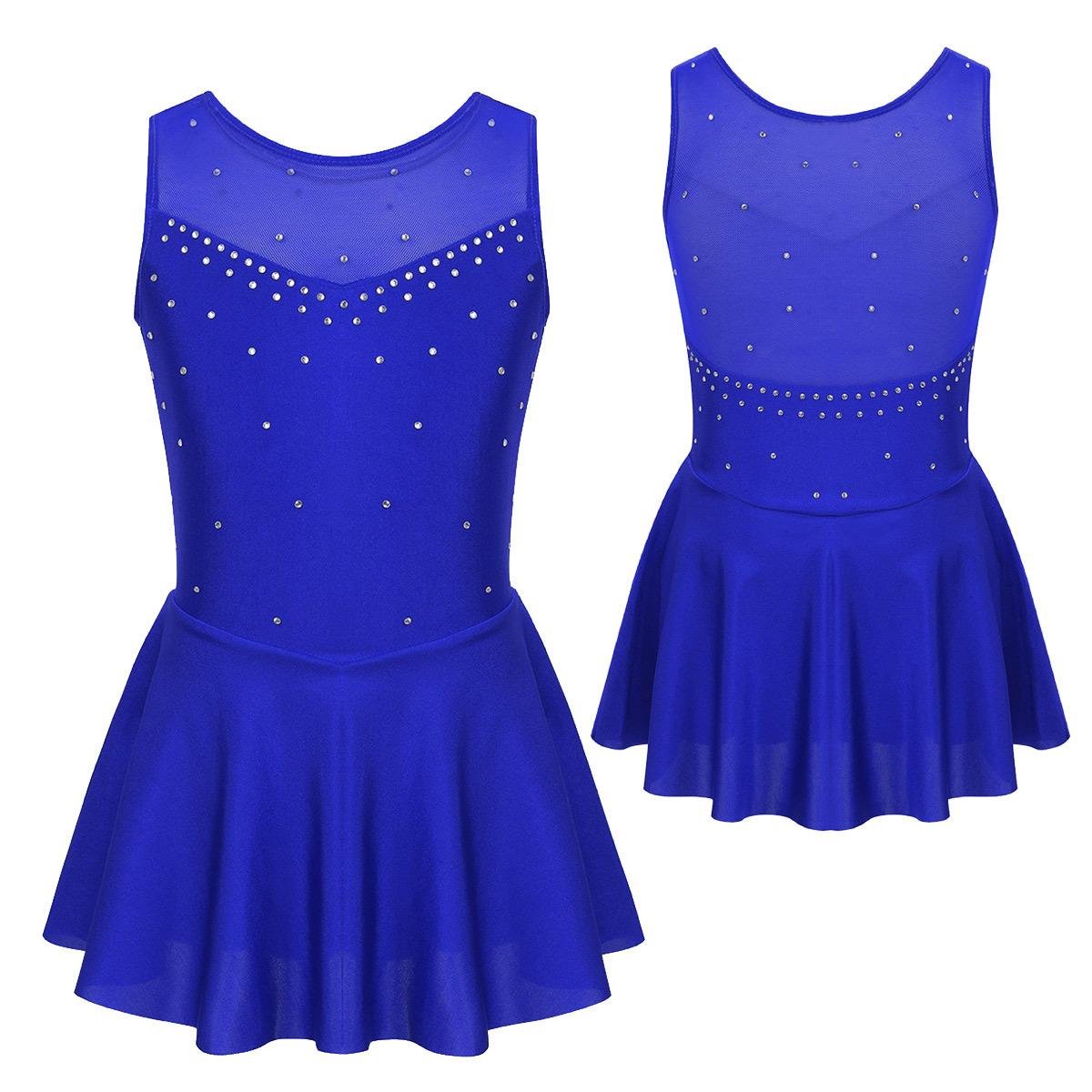 Kinder Mädchen Ärmelloses Strass Gymnastik Trikot Kleid Mesh Splice Eiskunstlauf Kleid Ballett Leistung Tanz Kostüme 7-8 Years blau