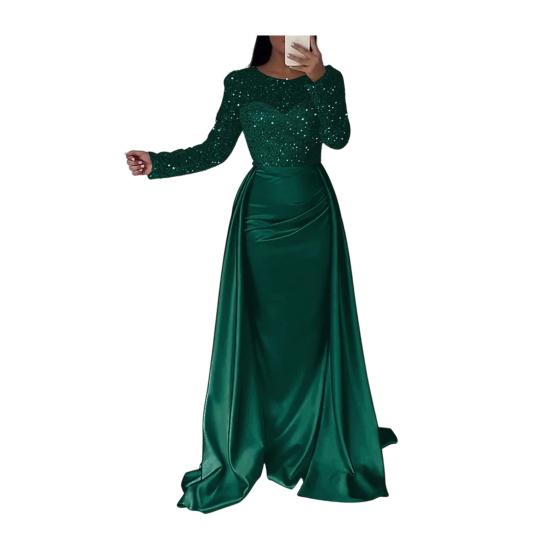 Pailletten Durchsichtiges Mesh Langarm Maxi Kleid für Damen Fließendes Glitzer A-Linien Langes Kleid Formelles Cocktail Abendkleid XXL grün