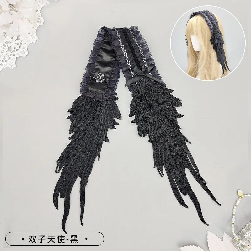 Dunkles Gothic Engelsflügel Haarband - Spitzenbesatz Lolita Stirnband, Decora Kei/Sweet Dolly/Punk/Jirai Kei für Mädchen black