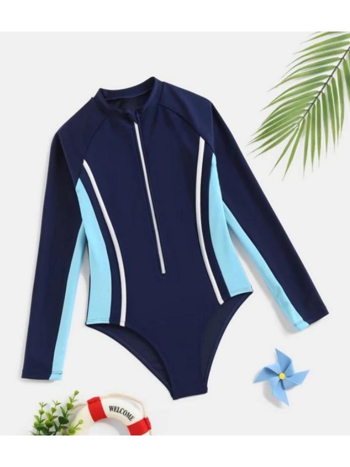 Kinder Mädchen Badeanzug Langarm Bedruckt Reißverschluss Bademode Badeanzug Rash Guard Bodysuit Strandkleidung 110 blau