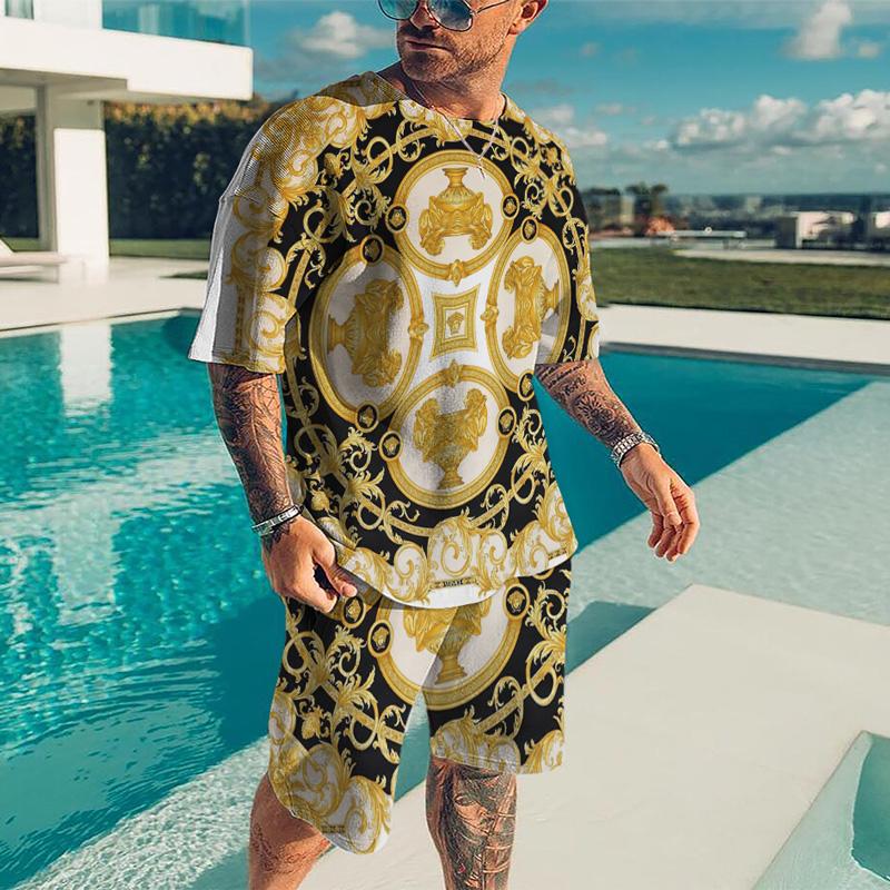 Sommer Herren Trainingsanzug T-Shirt Shorts Set Casual Gold Print Outfits Vintage Jogginganzug Übergroße Kleidung Streetwear XXL