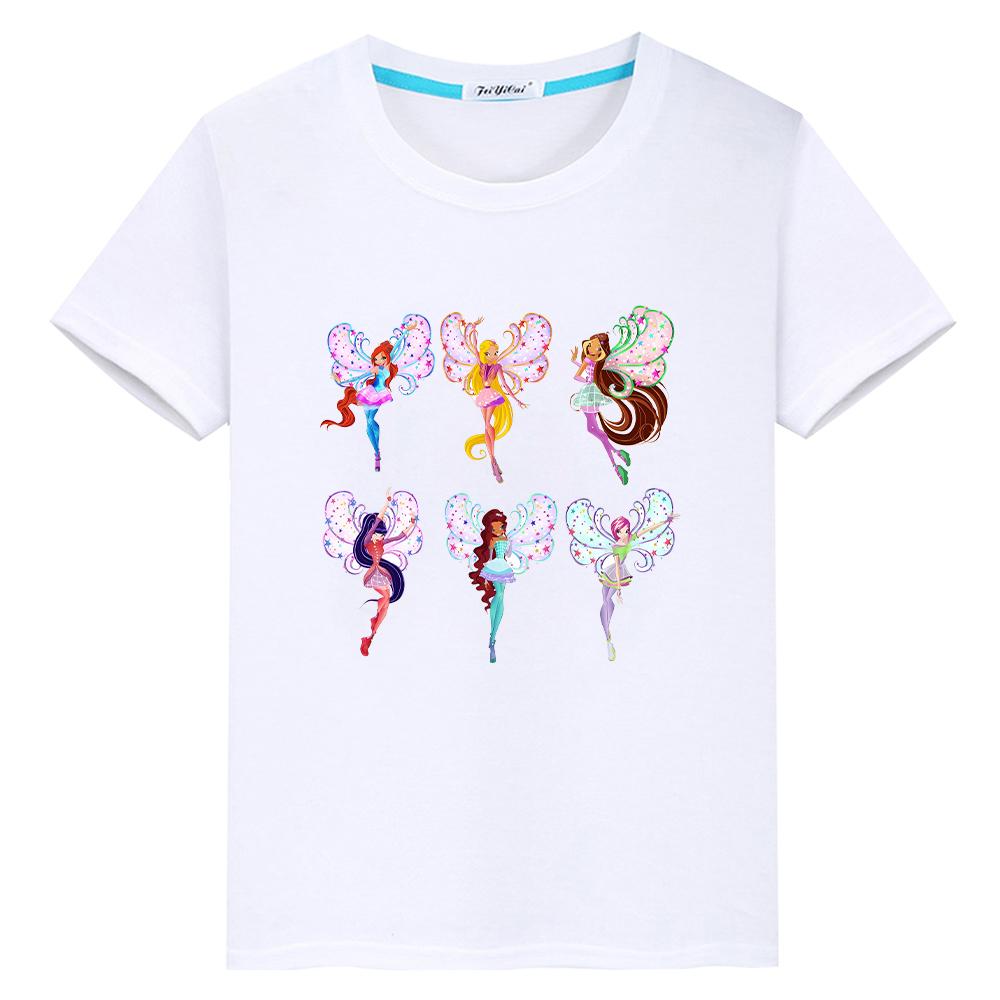 Winx Cartoon 100% Baumwolle Print T-Shirt für Kinder Jungen 10 Jahre Winx Anime Kurze süße Tops Mädchen Kleidung Y2k Stolz T-Shirt Babykleidung 110 weiß