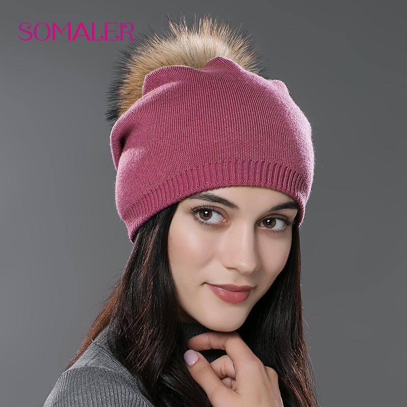 SOMALER Winter-Frauen-Echtfell-Pom-Pom-Mützen, Wolle, gestrickt, dick, warm gefüttert, Mützen, Damenmode, Bommel, Skimützen, Strickmütze dunkel rosa/braun