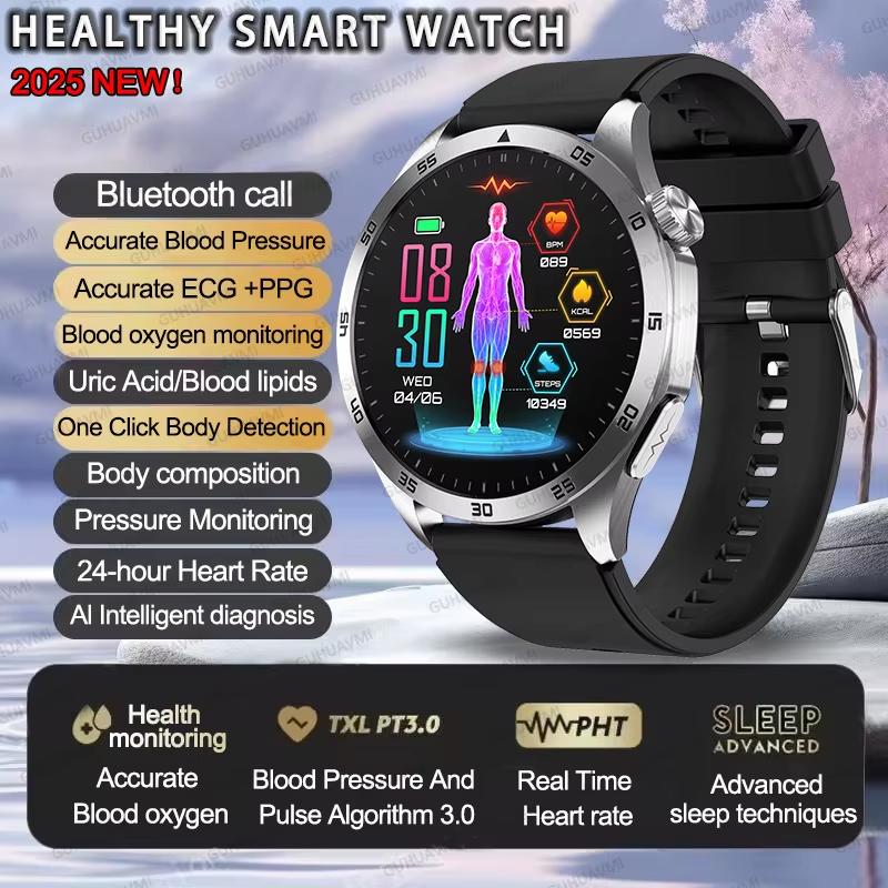 2025 Neue Mikro-Körperliche Untersuchung Blutfette Harnsäure Blutdruck Smartwatch EKG+PPG Uhr Bluetooth-Anruf Smartwatch Herren Silicone silber
