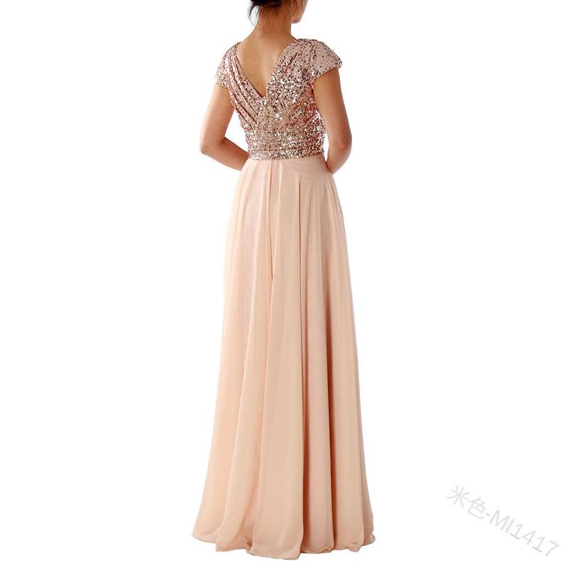 2025 Ärmelloses V-Ausschnitt Pailletten Chiffon Abendkleid für Damen XL beige