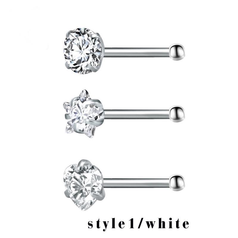 3 teile/satz Herz Stern Runde Nasenringe Diamant Zirkon Edelstahl Nasenstecker Körper Piercing Schmuck style1 weiß