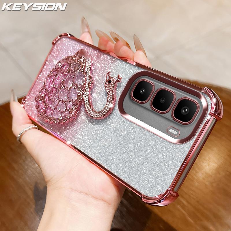 KEYSION Stoßfeste Beschichtung Handyhülle für Infinix Hot 60 Pro+ Hot 60 5G 60i 4G Klar TPU Glitzer Juwelenbesetzt Schwan Ständer Hülle for Infinix Hot 60 Pro rosa