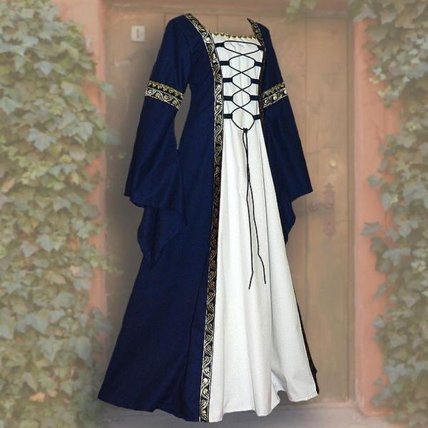 Damenmode Retro Keltisches Langarm Mittelalterkleid Bodenlang Renaissance Gothic Cosplay Halloween Kostüme S dunkelblaue