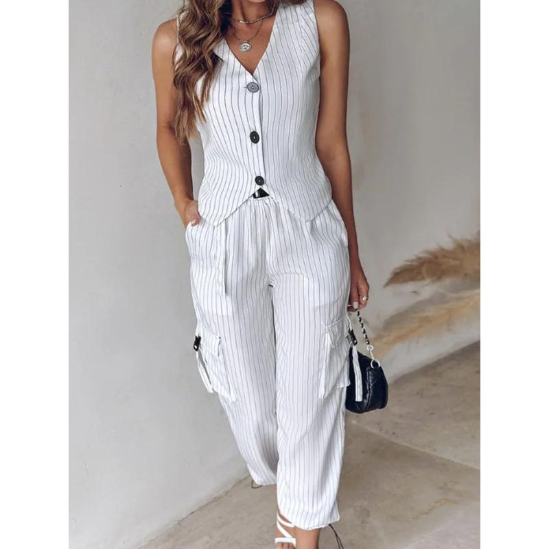 Gestreifte Weste Anzug für Damen Sommer Lässig V-Ausschnitt Knopfleiste Tasche Lockere Hose Outfits Zweiteiliger Anzug für Damen Elegant S weiß