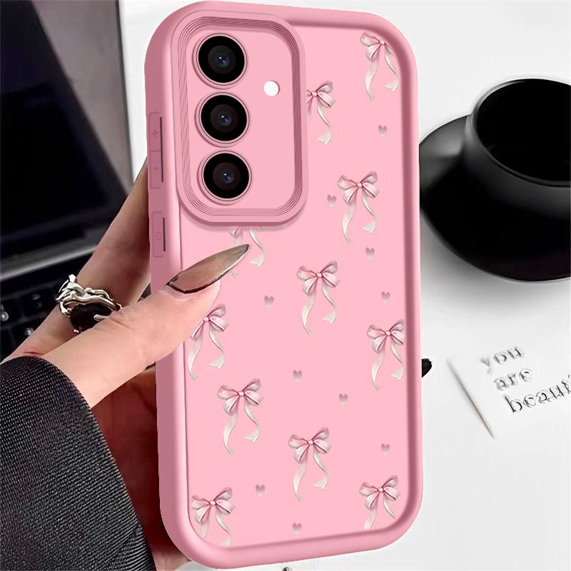 Weiche, matte Hülle mit modischem Bowknot-Print für Samsung S25 Ultra S24 FE S23 Plus A16 A56 A36 A55 A26 A06 A15 A35 Stoßfeste TPU-Linsenschutz-Telefonabdeckung Samsung S23 Ultra rosa